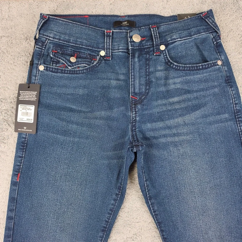 True Religion Geno Relaxed Slim Jeans Mens 30 Blue Big T Flap Shivering Wash NWT